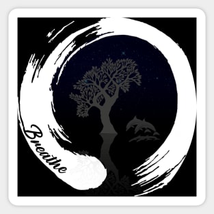 Zen like circle with tree dolphin night sky and text Breathe, yoga Sticker